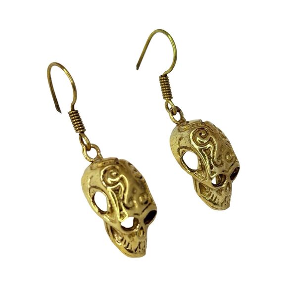 Vintage Gold-Tone Skull Dangle Earrings 1" Rock Punk Skully Goth Halloween - Picture 3 of 9